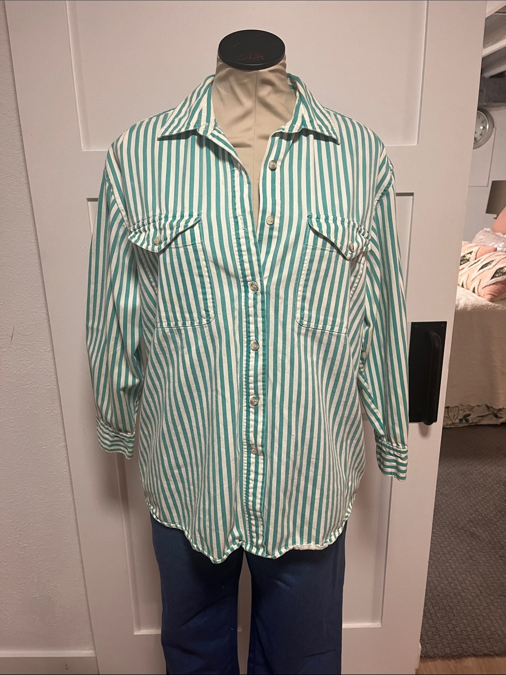 Vintage Green and White Striped Cotton shirt